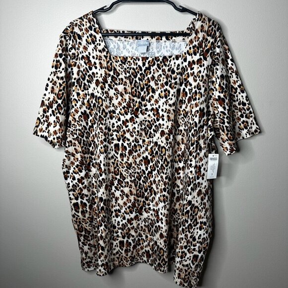 Chicos Tunic Womens Sz 3, XL Brown Black Leopard Print Square Neck Knit Top NWT - Picture 1 of 12